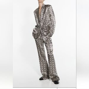 Zara Animal Print Satin Flared Viscose Pants Sz-M